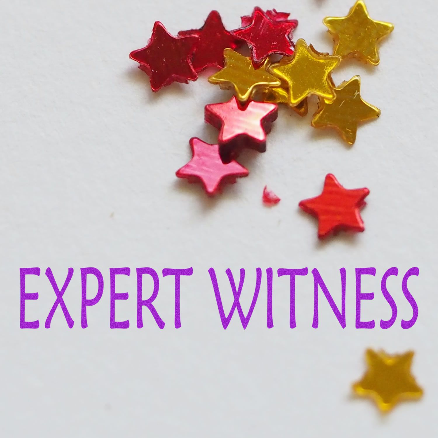 Image of the Large Pre-Inked Expert Witness Stamp with red and gold star confetti on a white background.