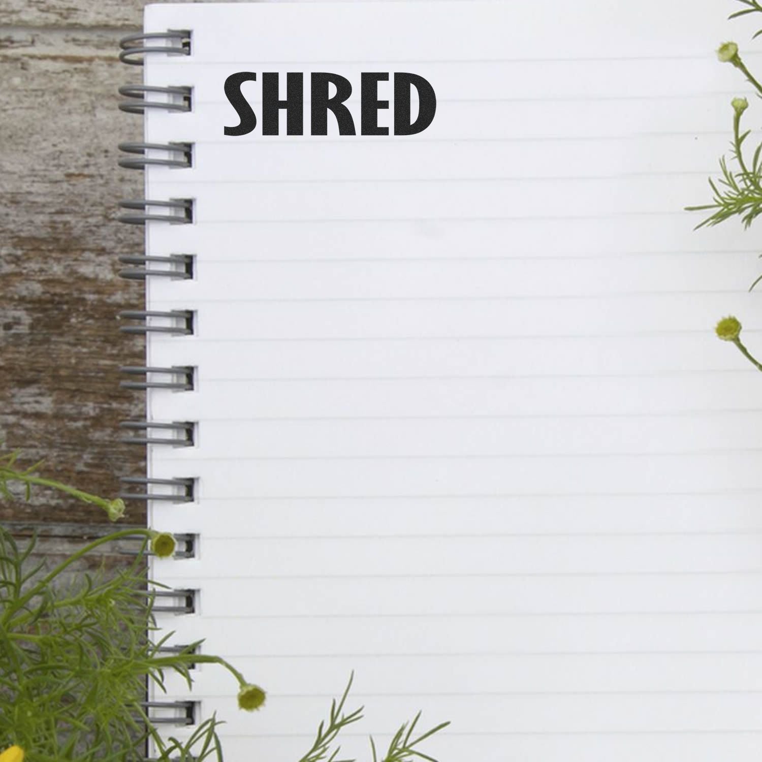 Large Pre-Inked Shred Stamp imprinting the word SHRED on a white spiral notebook, surrounded by green plants on a wooden surface.