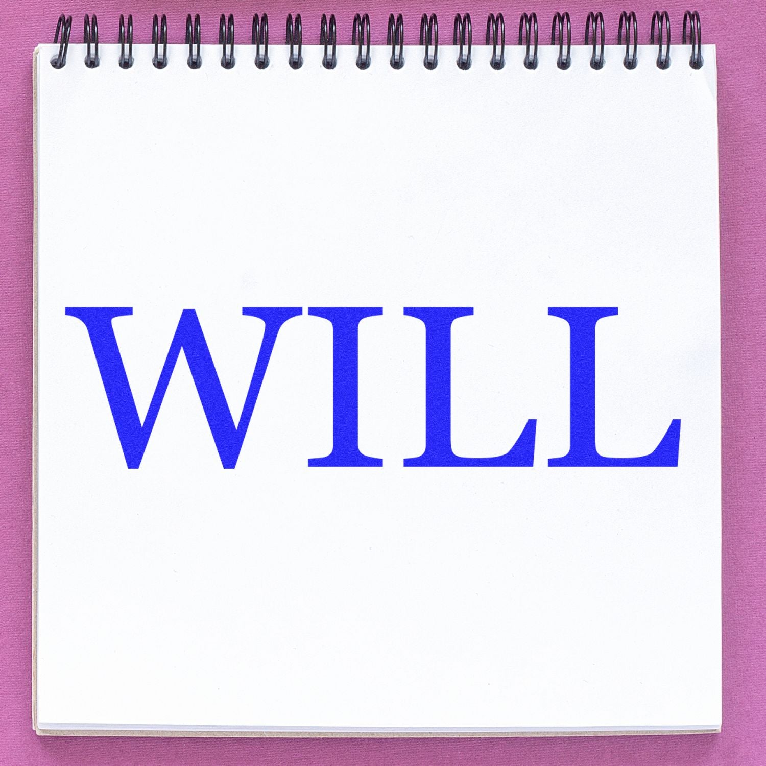 Large Pre-Inked Will Stamp imprint on a white notepad with a pink background. The word WILL is stamped in bold blue letters.