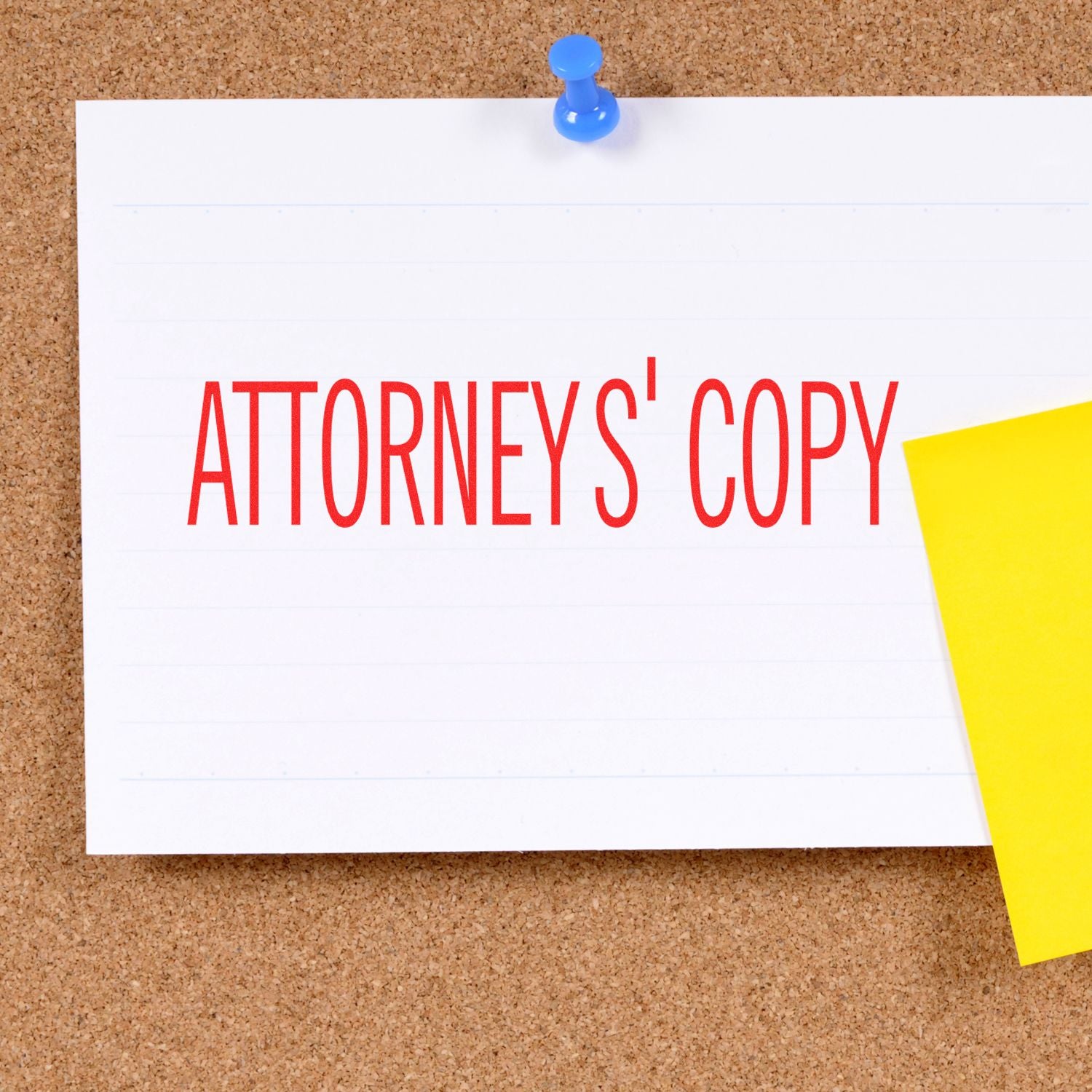 Large Pre-Inked Attorney's Copy Stamp imprint on a white card pinned to a corkboard, with a yellow sticky note partially visible.