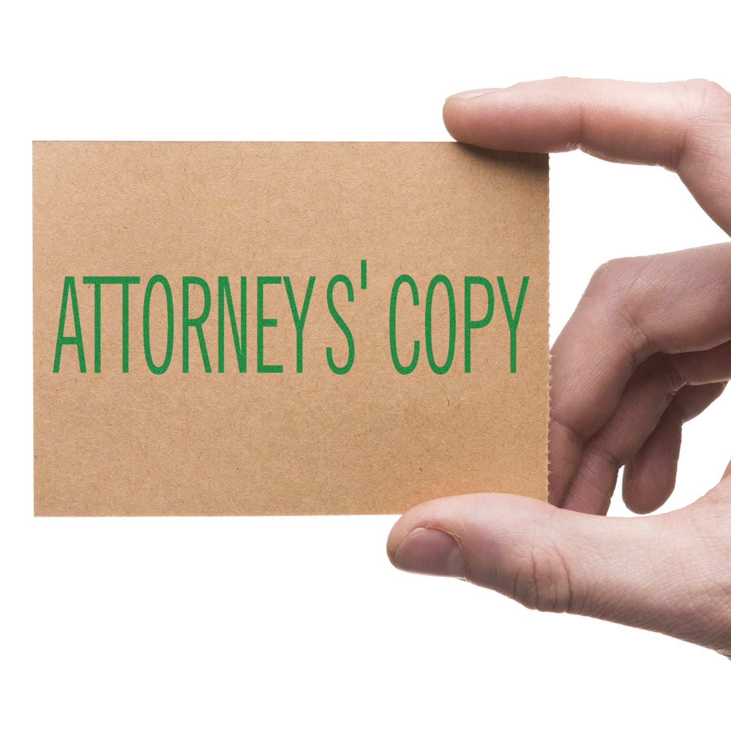 Hand holding a card stamped with ATTORNEYS' COPY in green ink using the Large Pre-Inked Attorney's Copy Stamp.