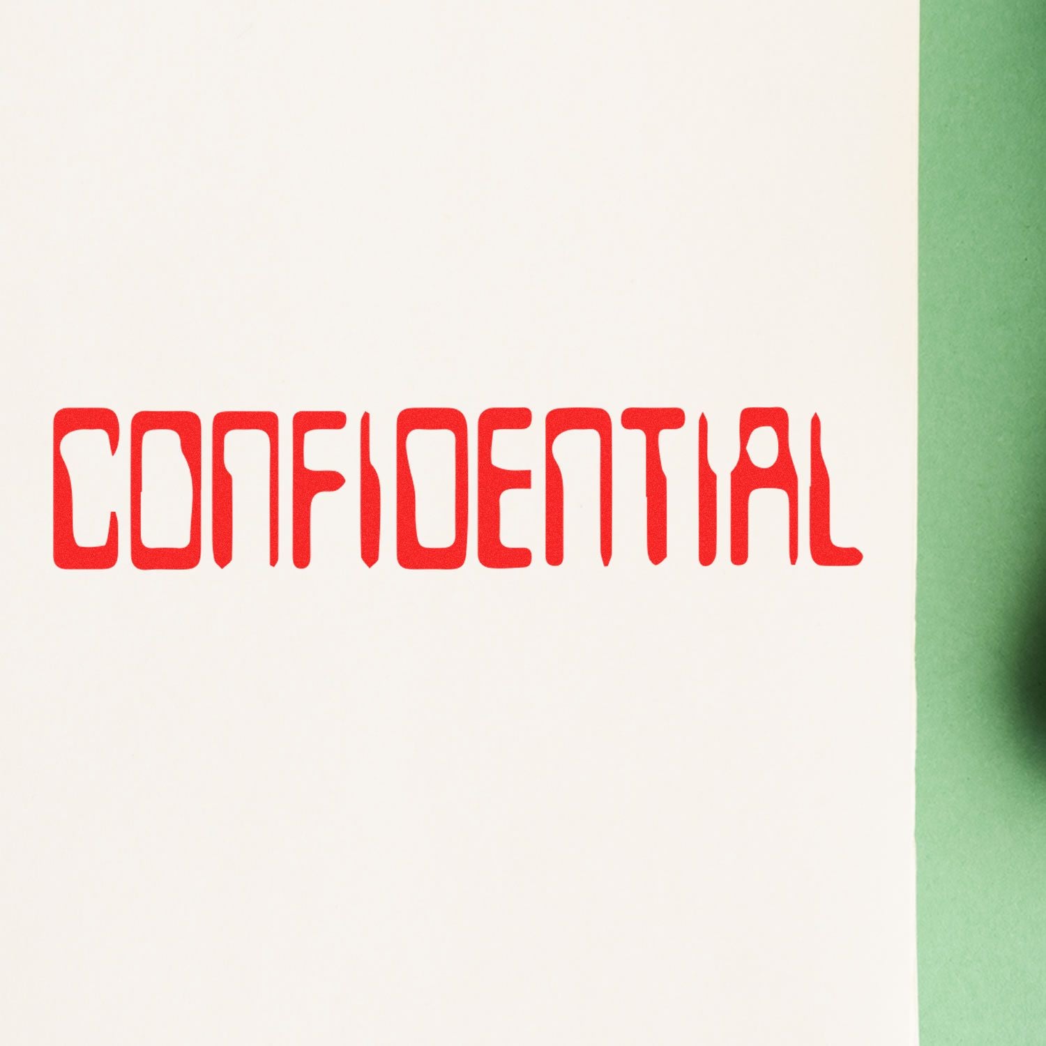 Red 'CONFIDENTIAL' text stamped on white paper using the Large Pre-Inked Barcode Confidential Stamp, with a green background on the right.