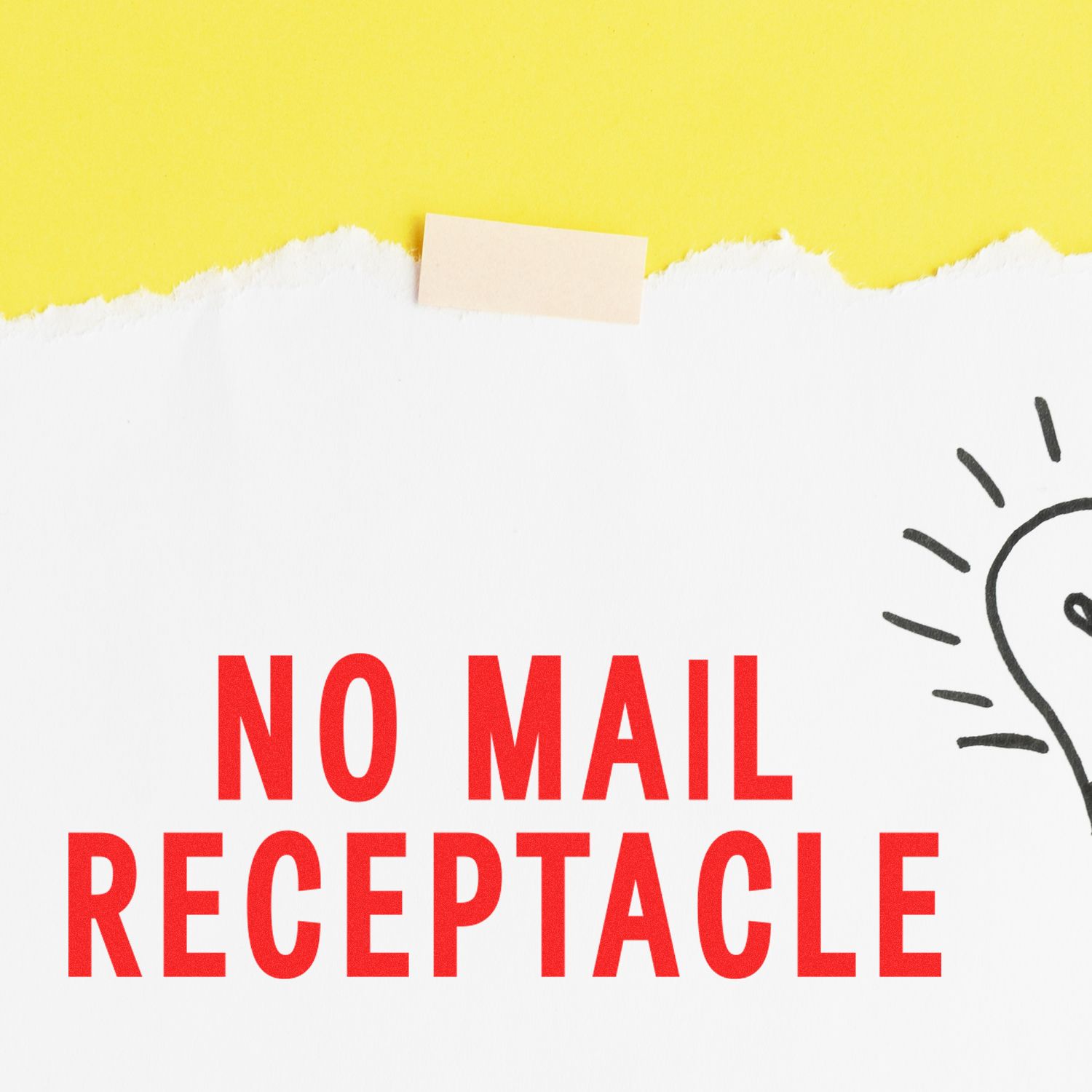 Image of a Large Pre-Inked No Mail Receptacle Stamp imprint on white paper with a yellow background, displaying bold red text NO MAIL RECEPTACLE .