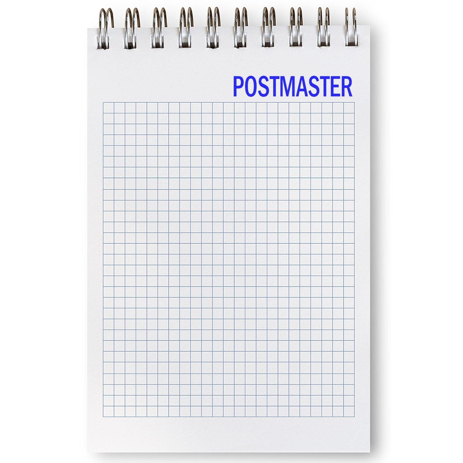 A Large Pre-Inked Postmaster Stamp imprint in blue ink on the top of a spiral-bound graph paper notebook with a white background.