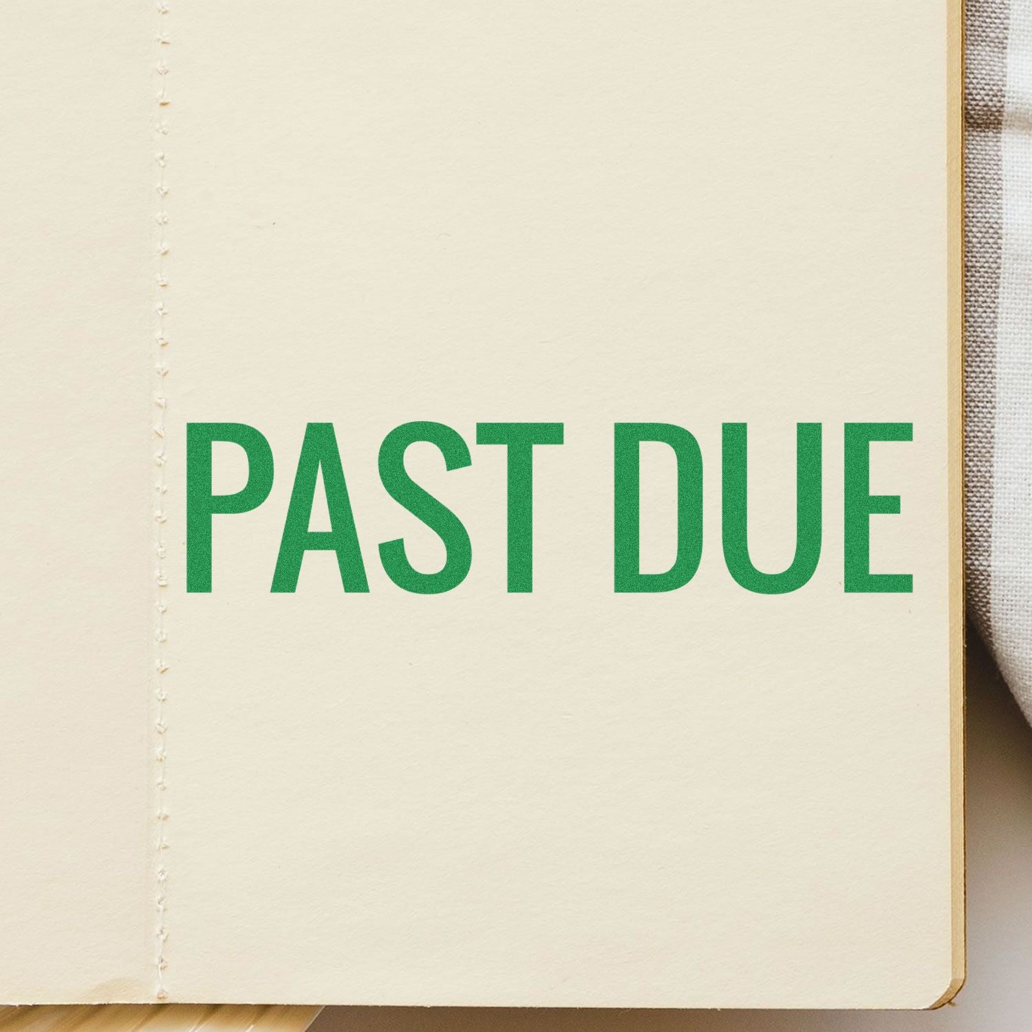 Large Pre-Inked Narrow Bold Past Due Stamp in green ink on a beige paper background.