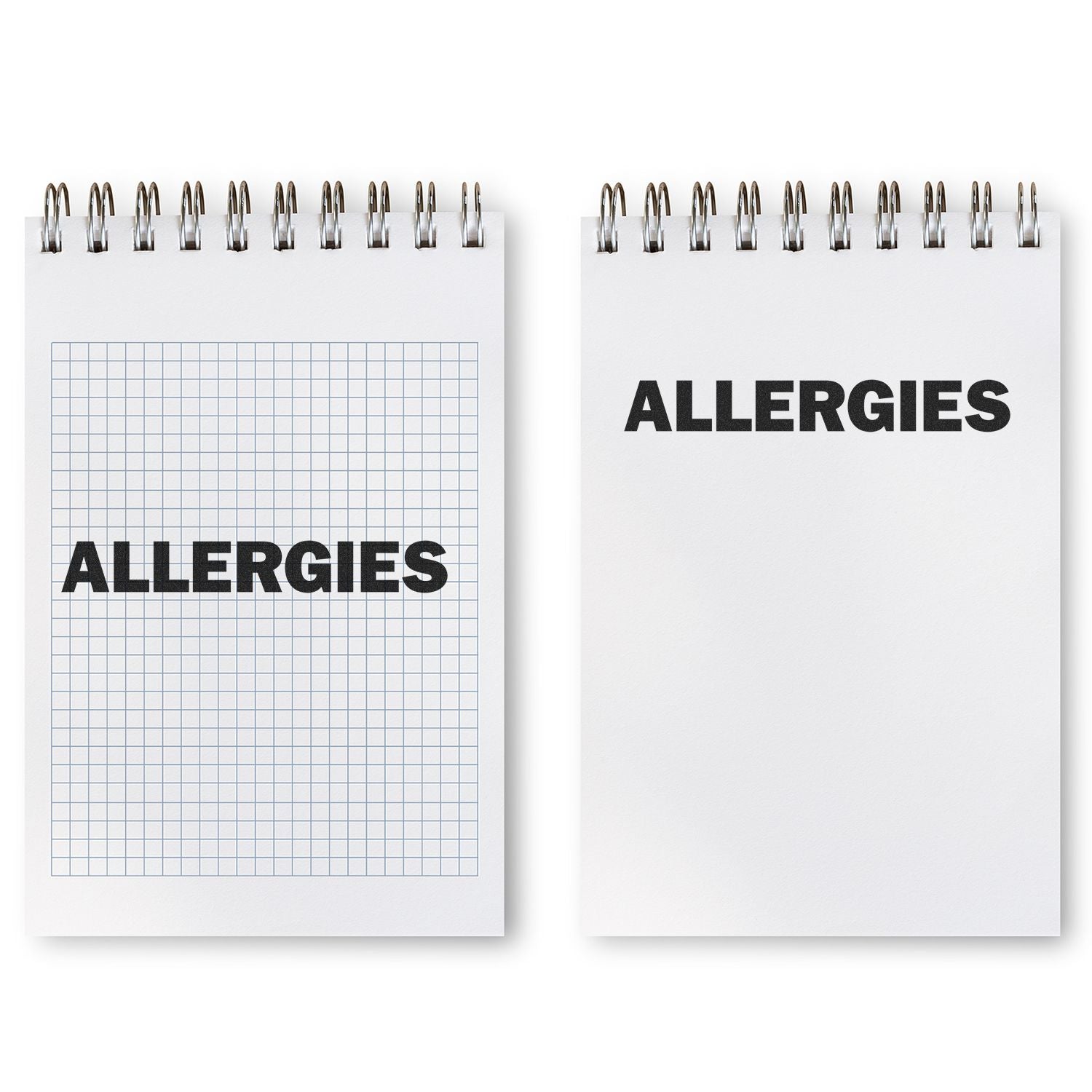 Two notepads with ALLERGIES stamped on them using the Large Pre-Inked Allergies Stamp, one on graph paper and one on plain paper.