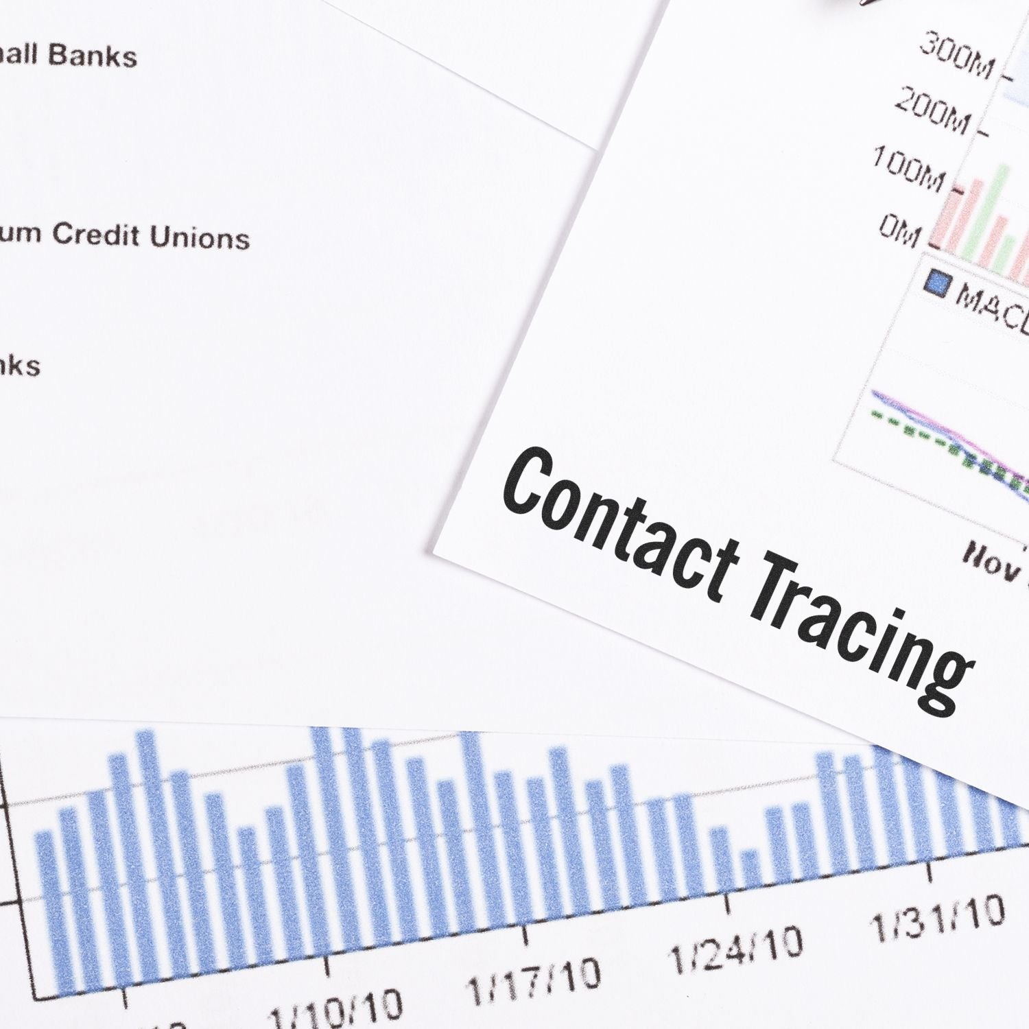 A Large Self Inking Contact Tracing Stamp is placed on a document with graphs and charts, highlighting its use for marking and organizing contact tracing information efficiently.