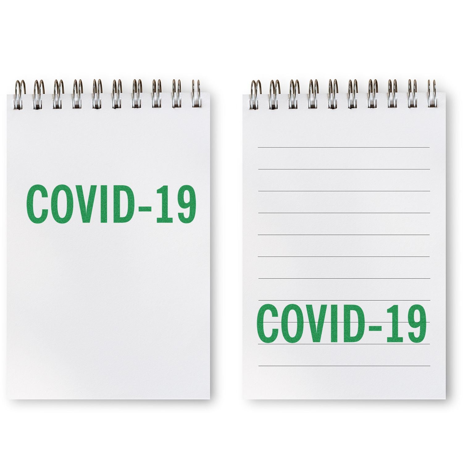 Two notepads stamped with COVID-19 in green ink using the Large Self Inking Bold Covid-19 Stamp, one blank and one lined.