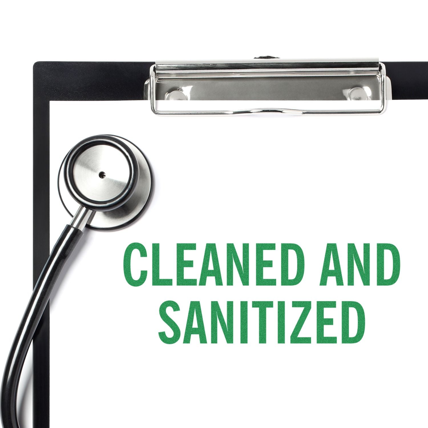 Image of a clipboard with a stethoscope and a paper stamped with CLEANED AND SANITIZED using the Large Self Inking Cleaned and Sanitized Stamp.