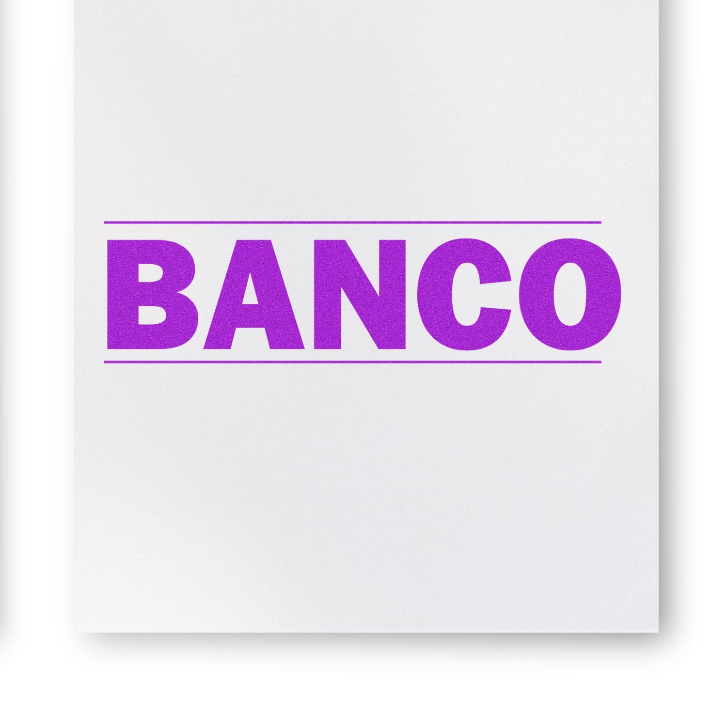 Large Self Inking Bold Banco Stamp imprint in bold purple letters on white paper, with BANCO centered between two horizontal lines.