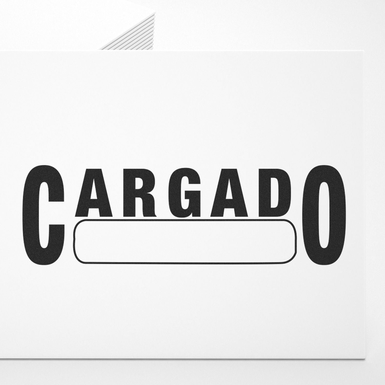 Image of a Large Self Inking Cargado Stamp with bold black letters spelling CARGADO on a white background, featuring a blank space in the center.