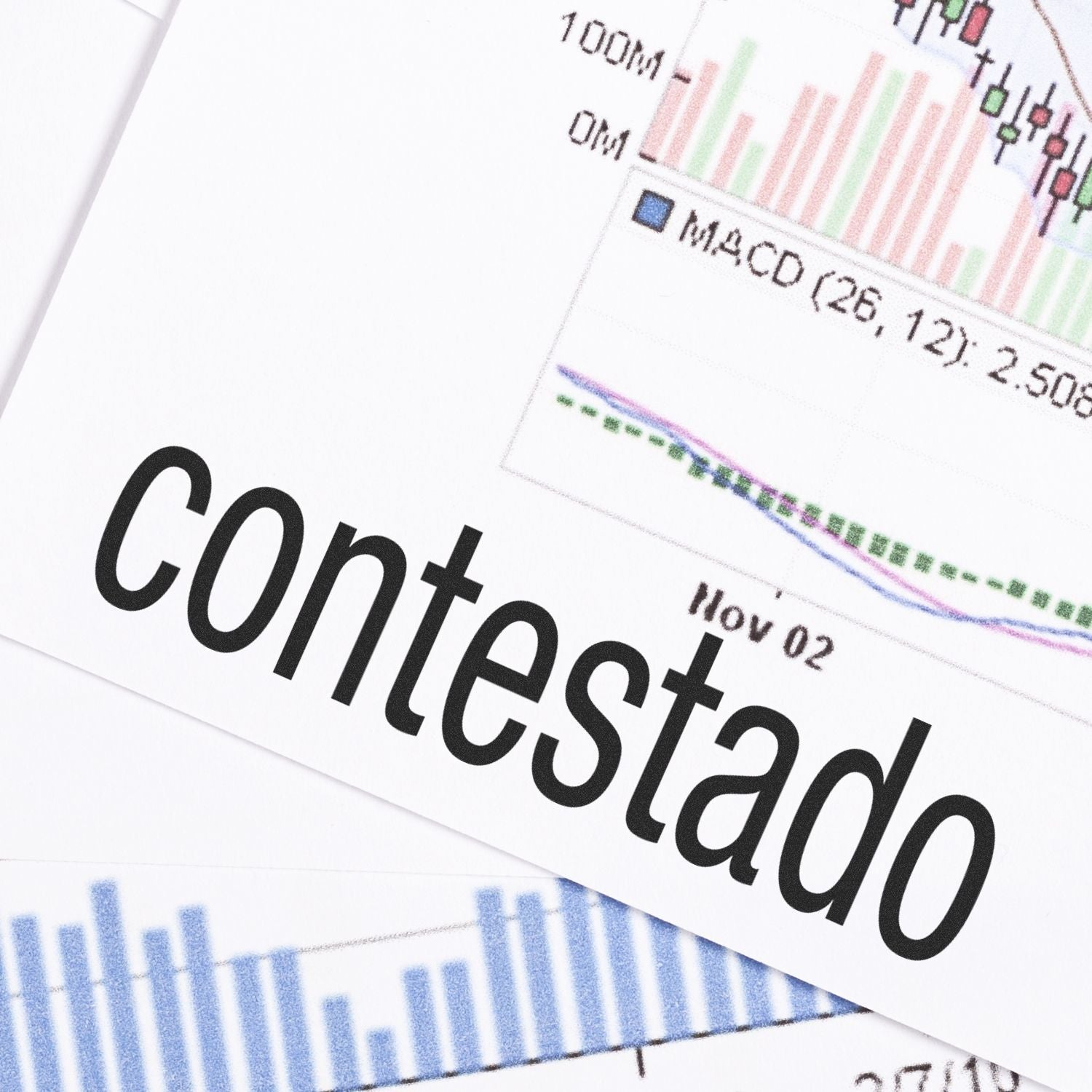 Close-up of a Large Self Inking Contestado Stamp imprint on a paper with financial graphs in the background.