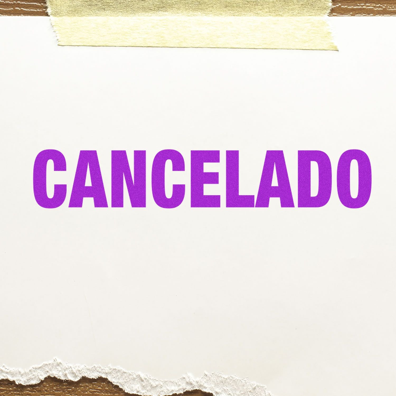 Large Self Inking Cancelado Stamp in purple ink on white paper, taped at the top and bottom edges.