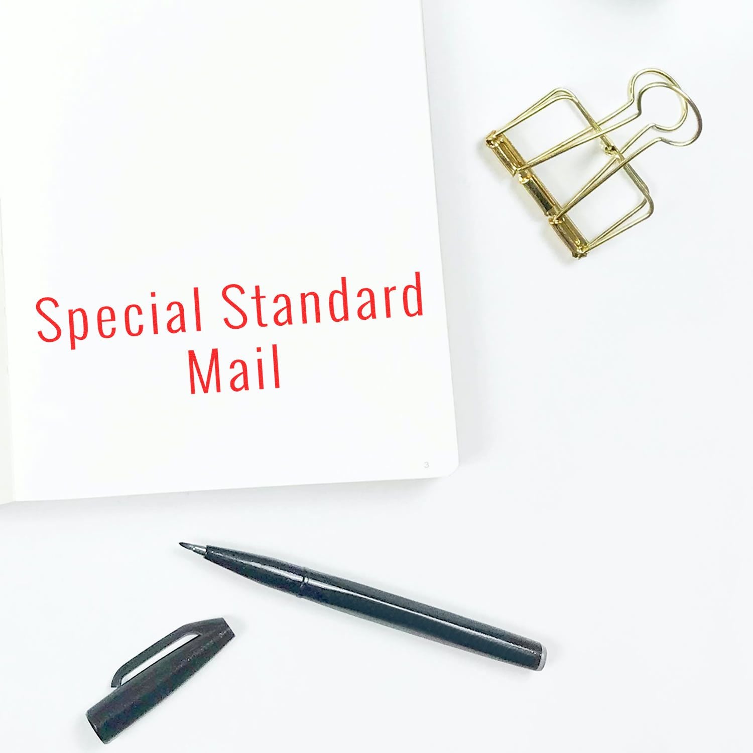 Large Pre-Inked Special Standard Mail Stamp on a white paper with a black pen, pen cap, and a gold binder clip nearby.