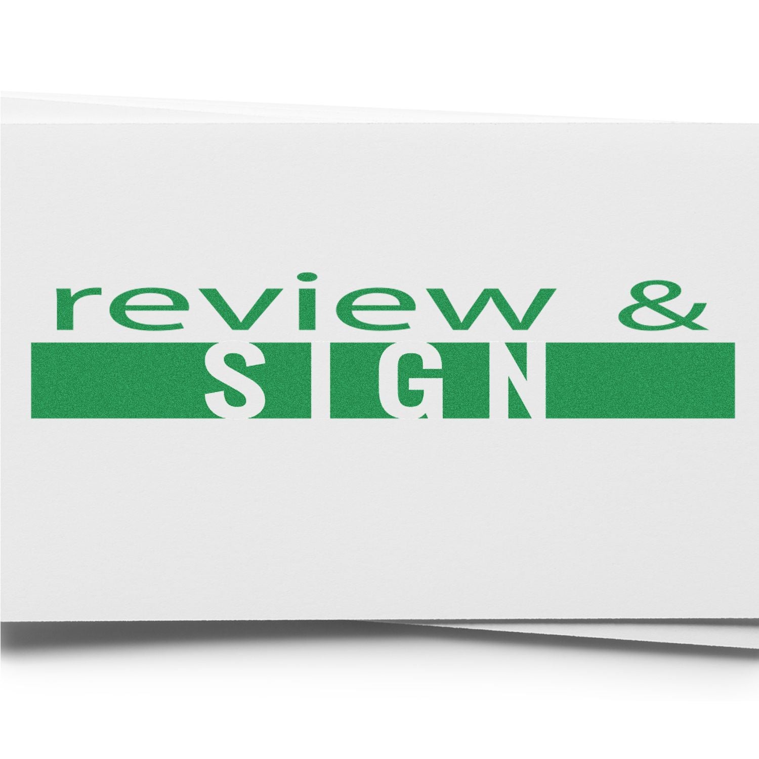 Large Pre-Inked Review and Sign Stamp with green text review & SIGN on a white background.