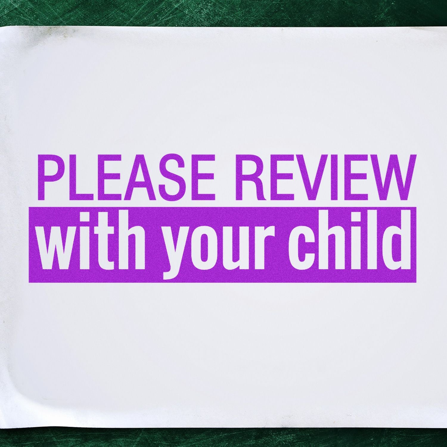 Image of a Large Pre-Inked Please Review With Your Child Stamp imprint in bold purple text on a white background.