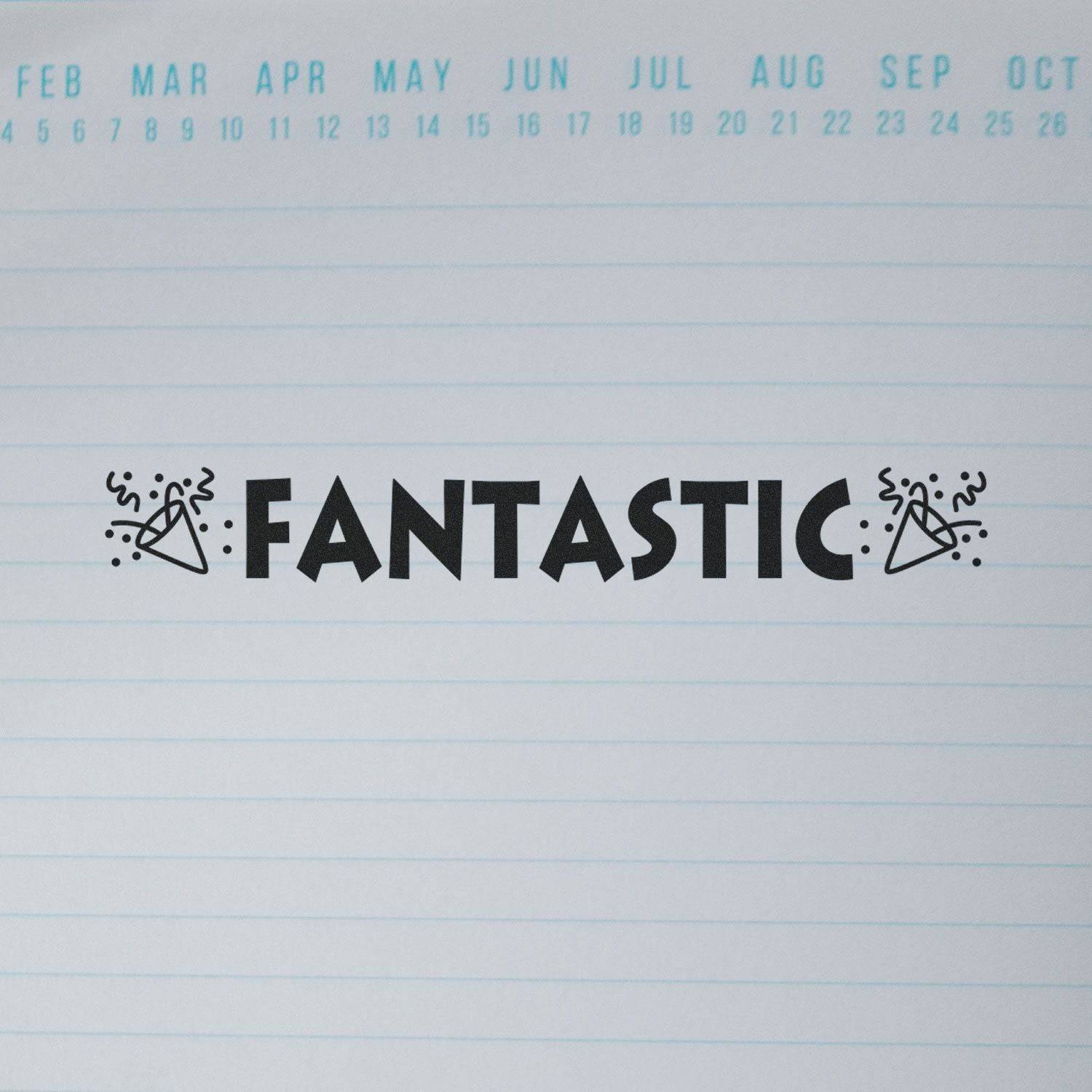 Large Pre-Inked Fantastic with Icons Stamp on a lined paper, featuring the word FANTASTIC with celebratory icons on both sides.