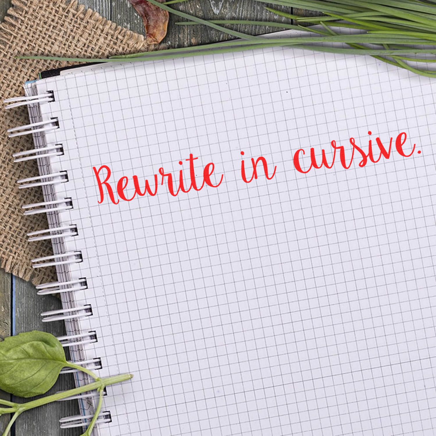 Large Pre-Inked Script Rewrite in Cursive Stamp in red ink on a spiral notebook with a grid pattern, surrounded by leaves and burlap.