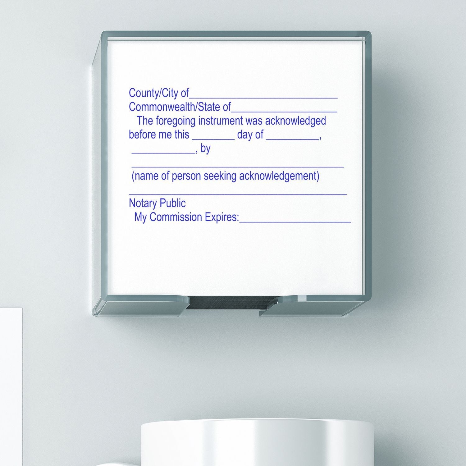 Self Inking Acknowledgment Stamp in use, imprinting a notary acknowledgment form on a white paper, with clear and precise text.