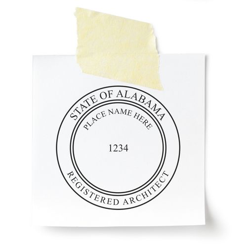 Alabama Architect Seal Stamp on a white paper, taped at the top, with placeholder text for name and registration number.