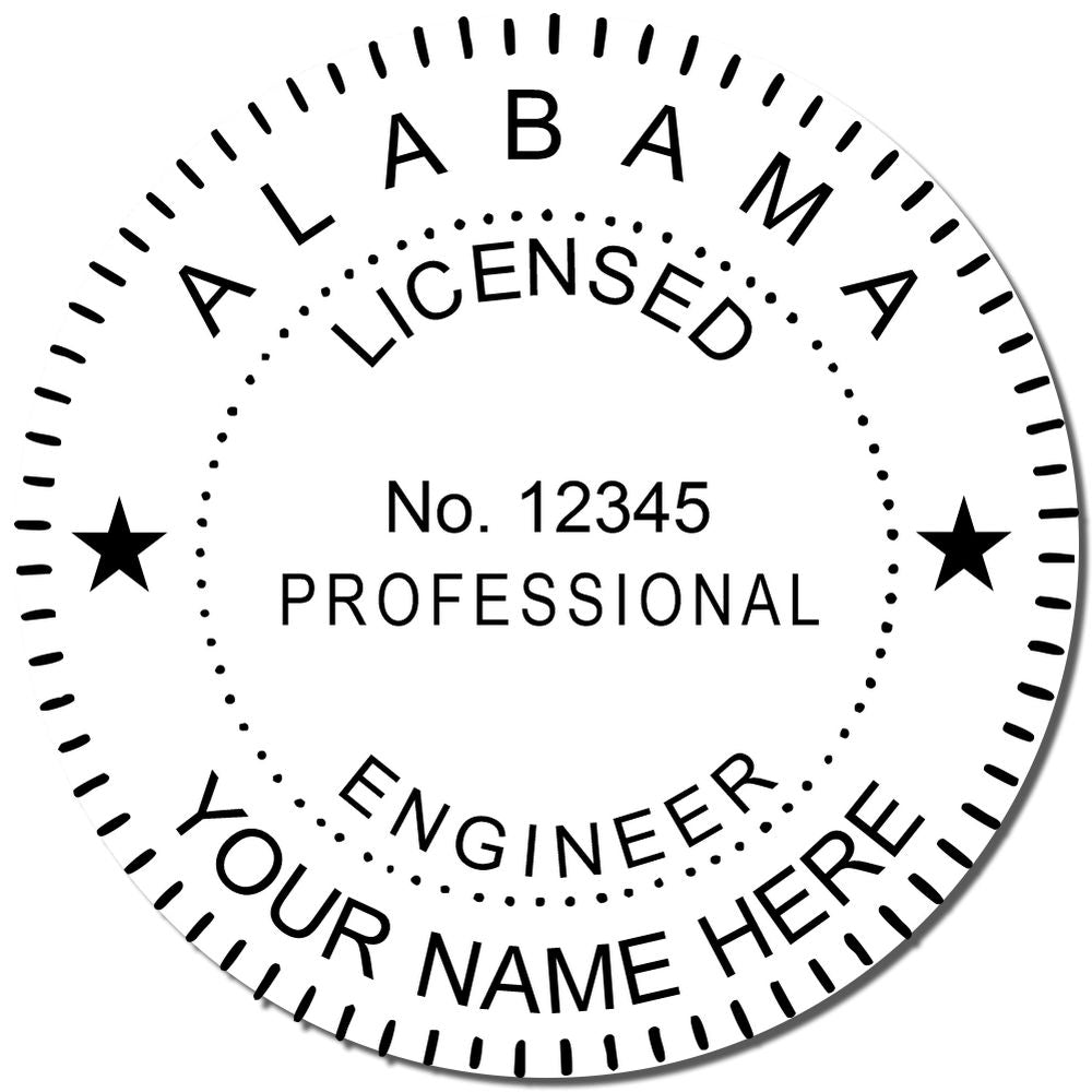 A photograph of the Slim Pre-Inked Alabama Professional Engineer Seal Stamp stamp impression reveals a vivid, professional image of the on paper.