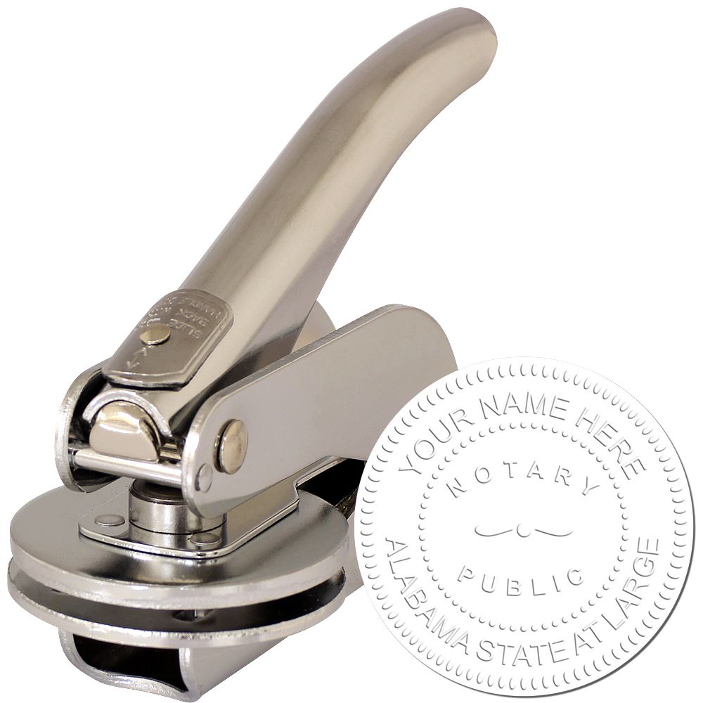 The main image for the Alabama Handheld Notary Seal Embosser depicting a sample of the imprint and electronic files