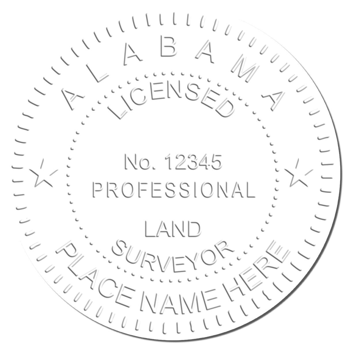 This paper is stamped with a sample imprint of the State of Alabama Soft Land Surveyor Embossing Seal, signifying its quality and reliability.
