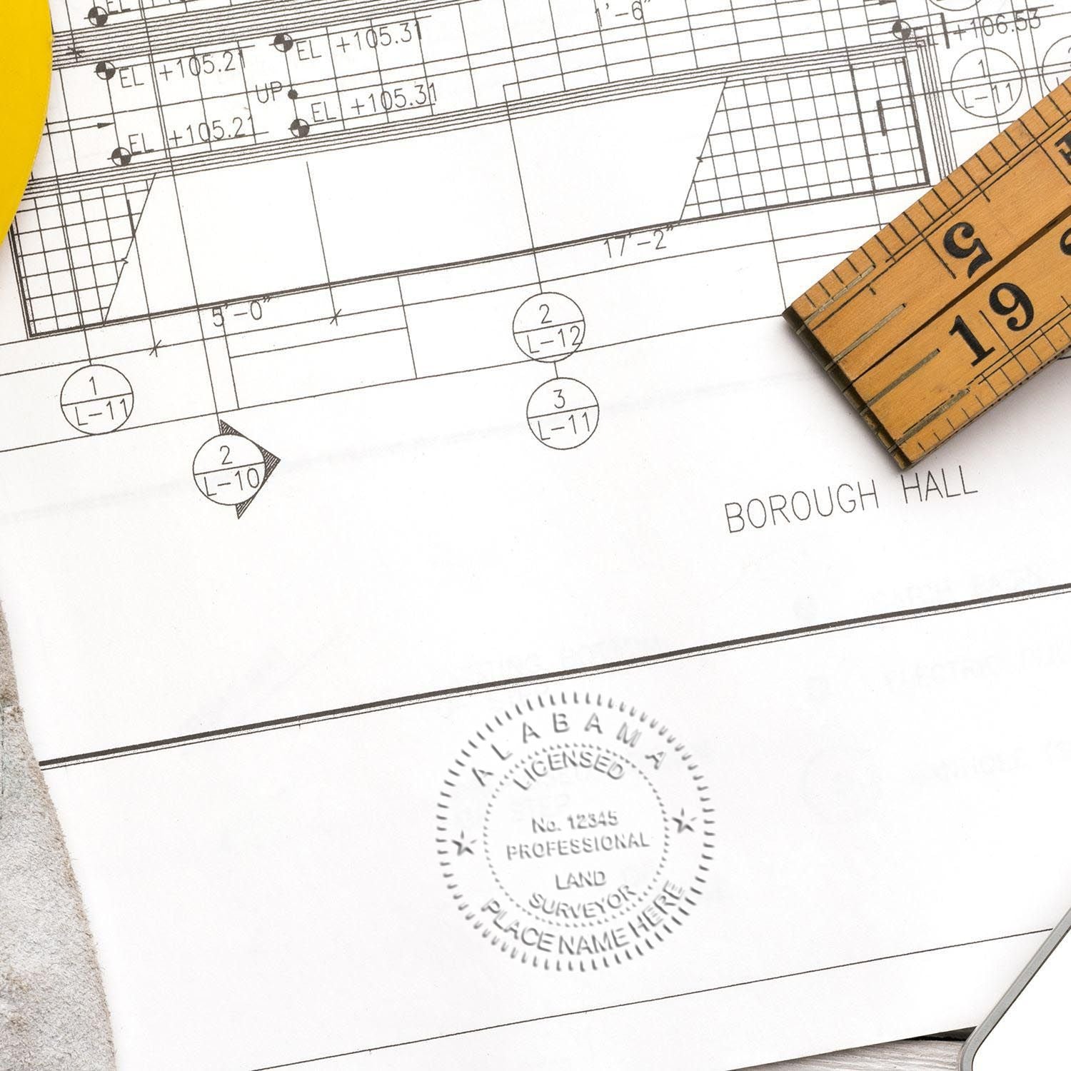 Another Example of a stamped impression of the Hybrid Alabama Land Surveyor Seal on a office form