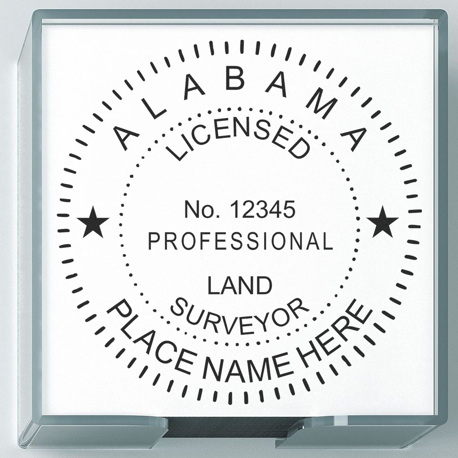 Digital Alabama Land Surveyor Stamp, Electronic Seal for Alabama Land Surveyor, displaying Licensed Professional Land Surveyor with customizable details.