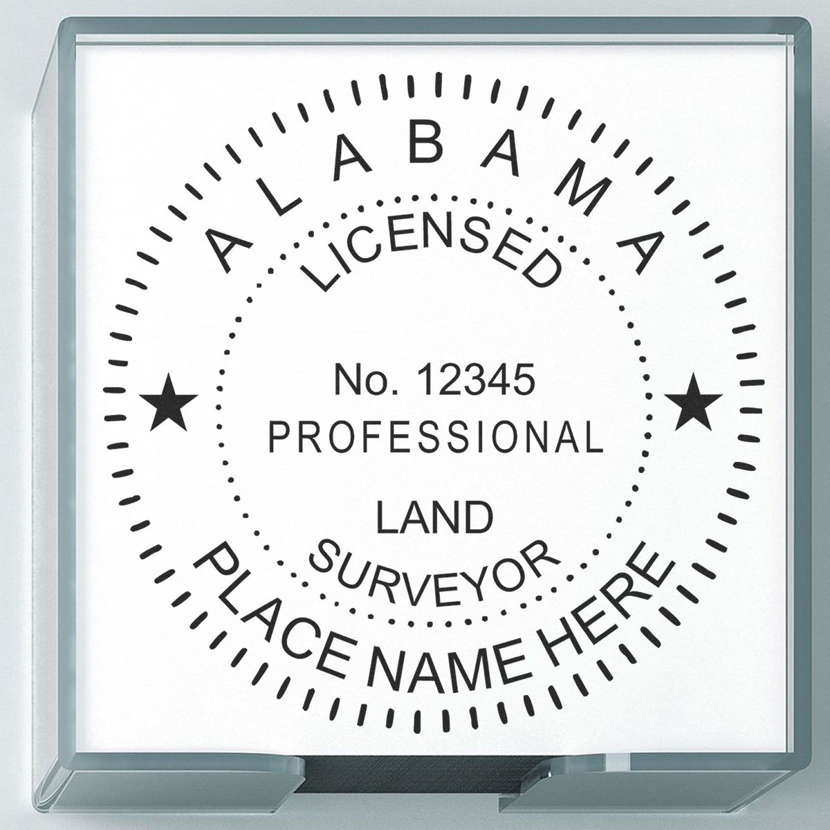 A lifestyle photo showing a stamped image of the Slim Pre-Inked Alabama Land Surveyor Seal Stamp on a piece of paper