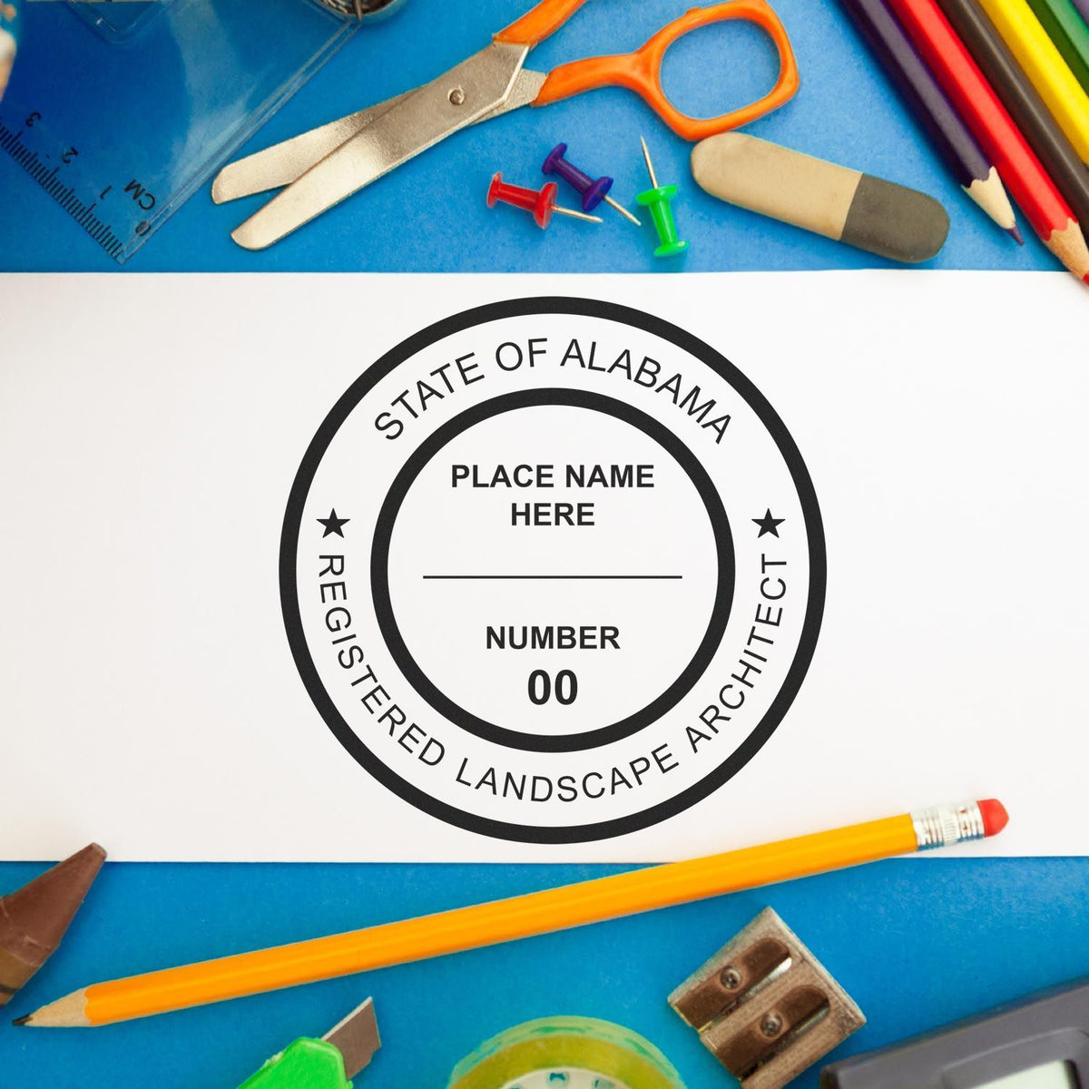 A lifestyle photo showing a stamped image of the Digital Alabama Landscape Architect Stamp on a piece of paper