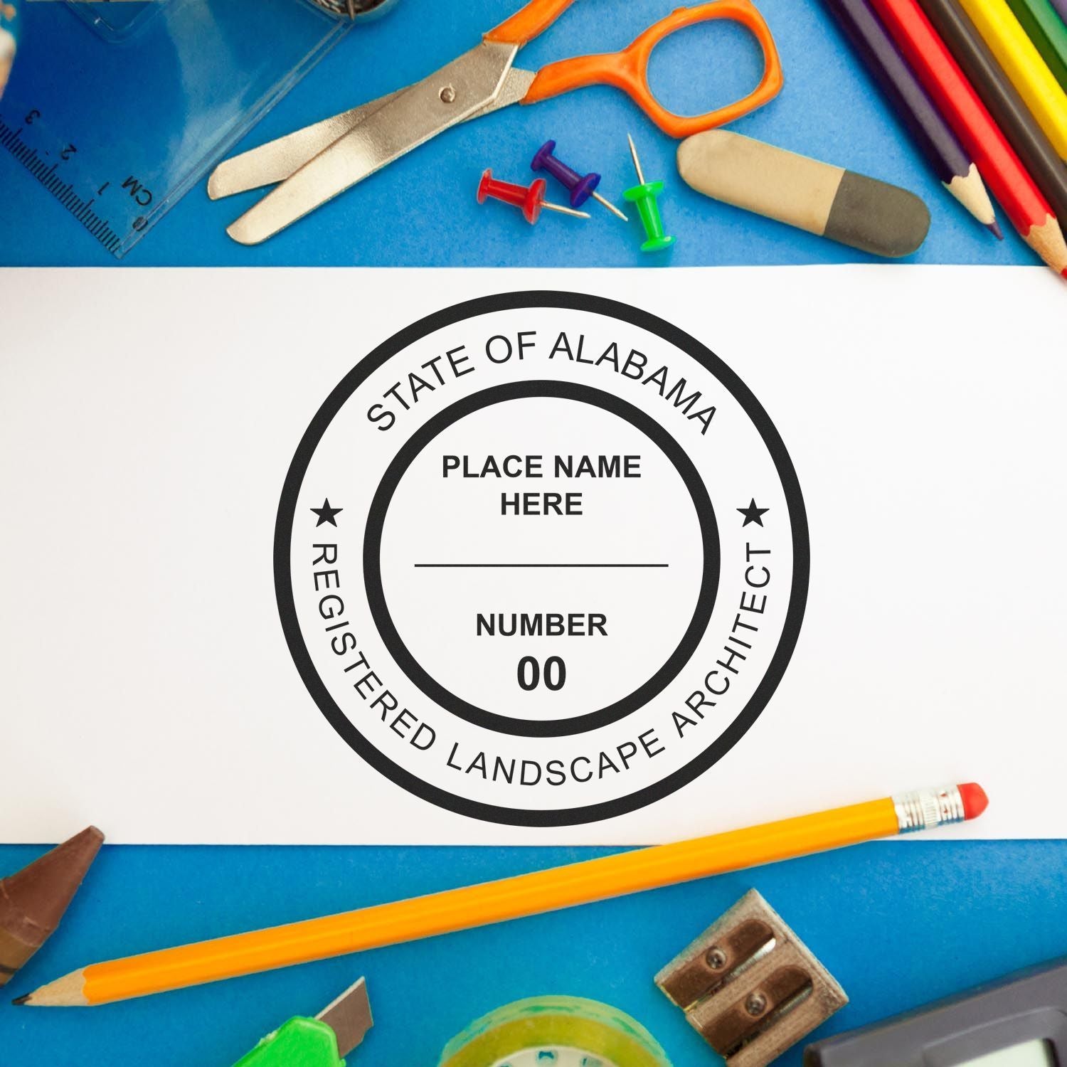This paper is stamped with a sample imprint of the Premium MaxLight Pre-Inked Alabama Landscape Architectural Stamp, signifying its quality and reliability.
