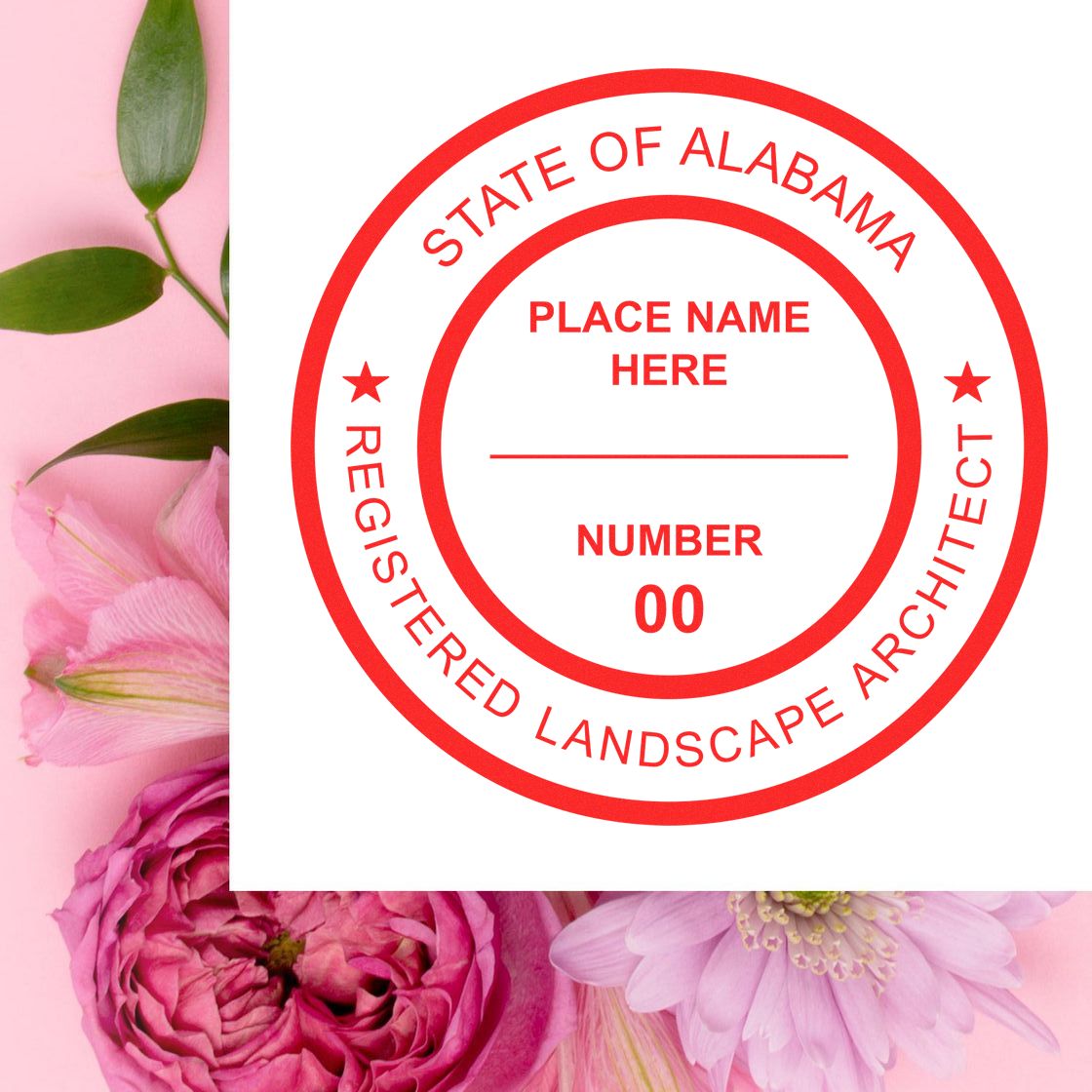 The main image for the Alabama Landscape Architectural Seal Stamp depicting a sample of the imprint and electronic files