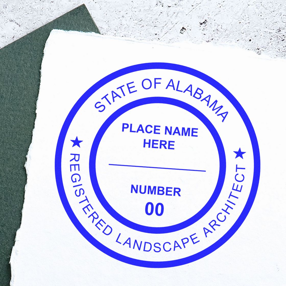 Another Example of a stamped impression of the Slim Pre-Inked Alabama Landscape Architect Seal Stamp on a piece of office paper.