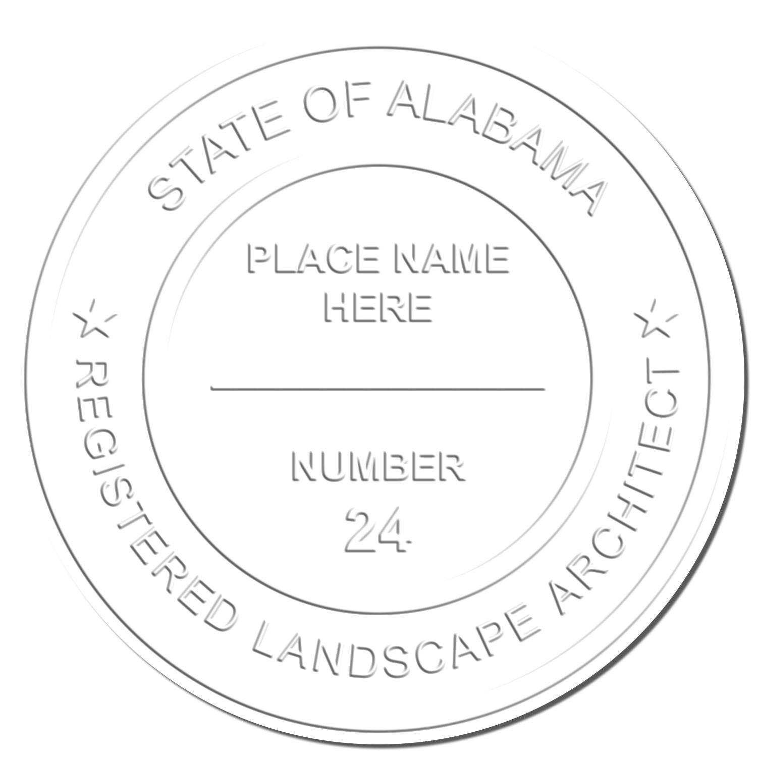 This paper is stamped with a sample imprint of the Alabama Long Reach Landscape Architect Embossing Stamp, signifying its quality and reliability.