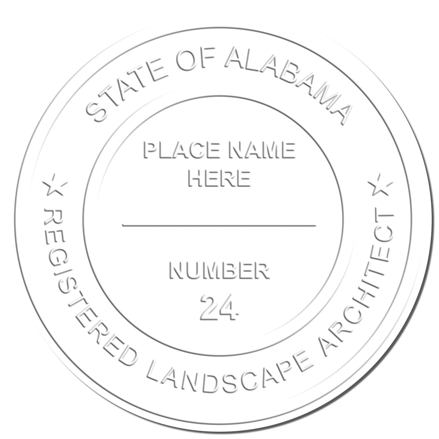 This paper is stamped with a sample imprint of the State of Alabama Extended Long Reach Landscape Architect Seal Embosser, signifying its quality and reliability.