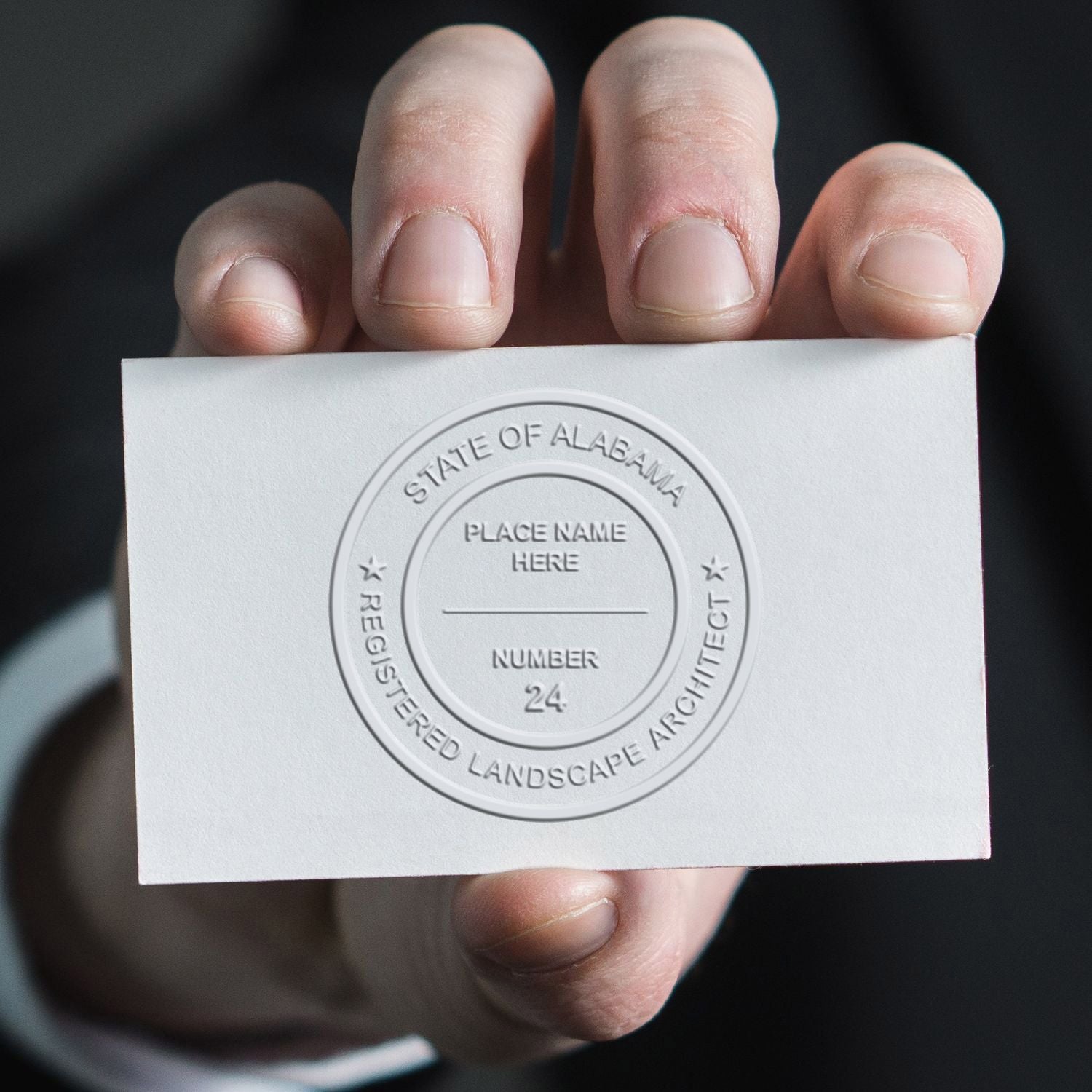 A photograph of the State of Alabama Extended Long Reach Landscape Architect Seal Embosser stamp impression reveals a vivid, professional image of the on paper.