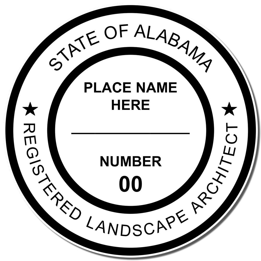 A lifestyle photo showing a stamped image of the Slim Pre-Inked Alabama Landscape Architect Seal Stamp on a piece of paper