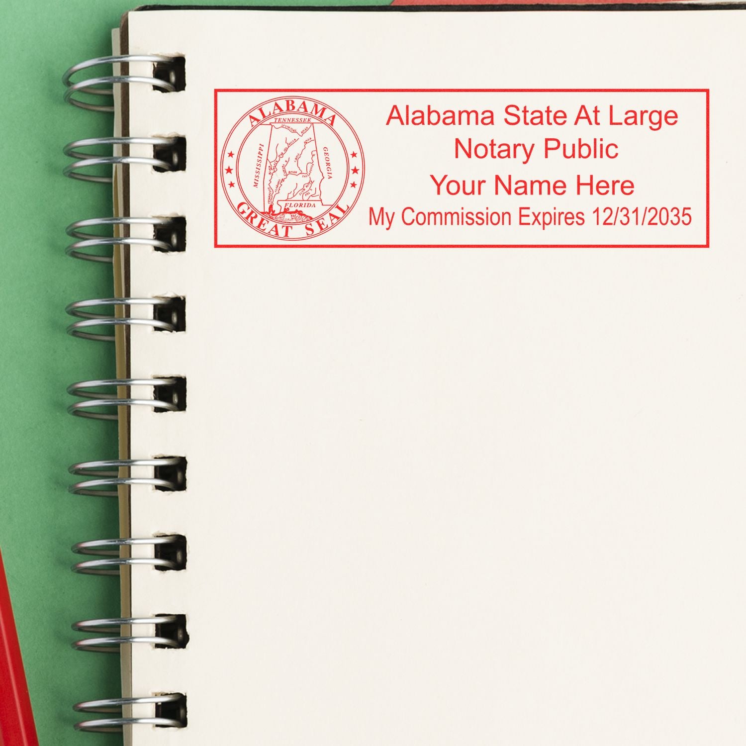 A photograph of the Alabama Rectangular Digital Notary Seal stamp impression reveals a vivid, professional image of the on paper.