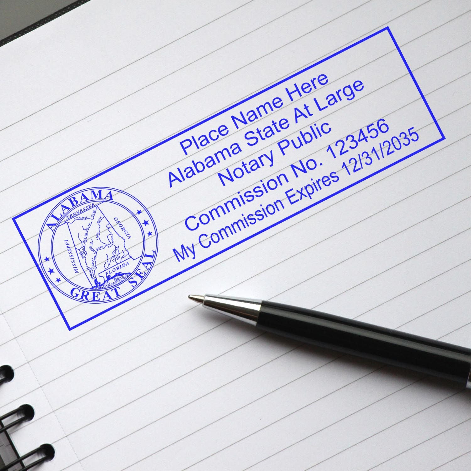 The Alabama Rectangular Digital Notary Seal stamp impression comes to life with a crisp, detailed photo on paper - showcasing true professional quality.