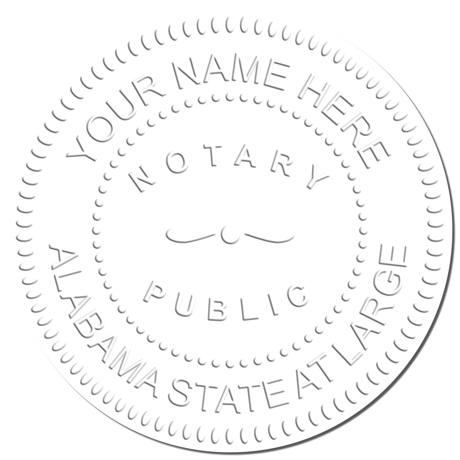 This paper is stamped with a sample imprint of the Alabama Handheld Notary Seal Embosser, signifying its quality and reliability.