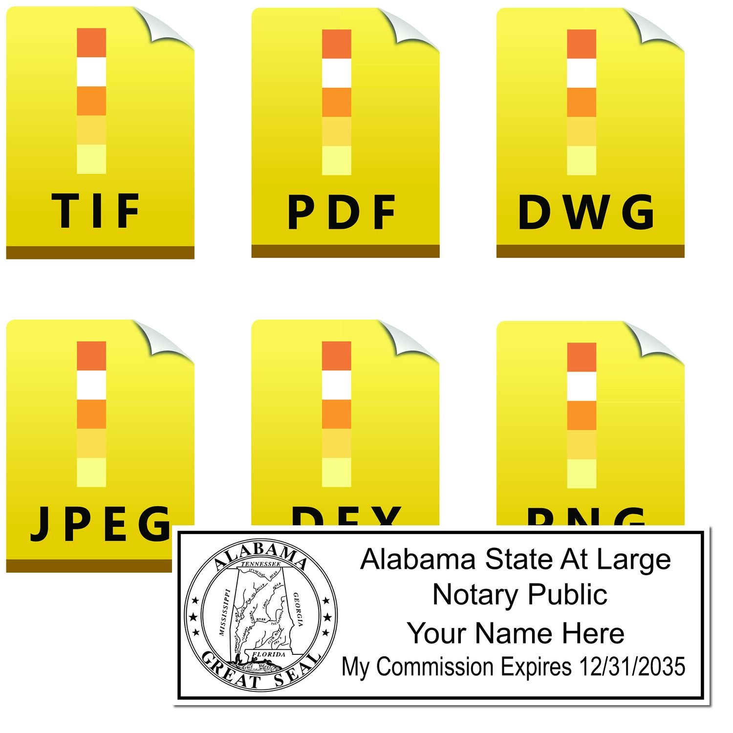 The main image for the Alabama Rectangular Digital Notary Seal depicting a sample of the imprint and electronic files