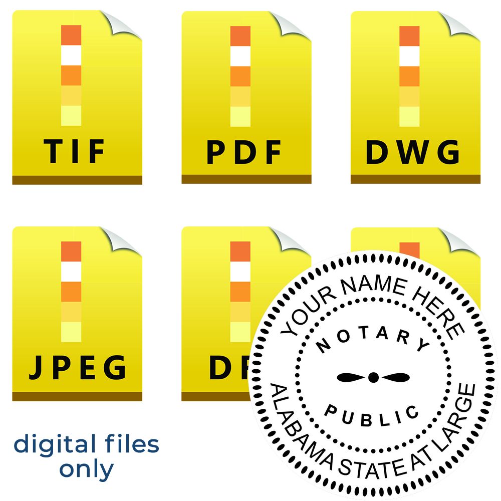 The main image for the Alabama Round Electronic Notary Stamp depicting a sample of the imprint and electronic files