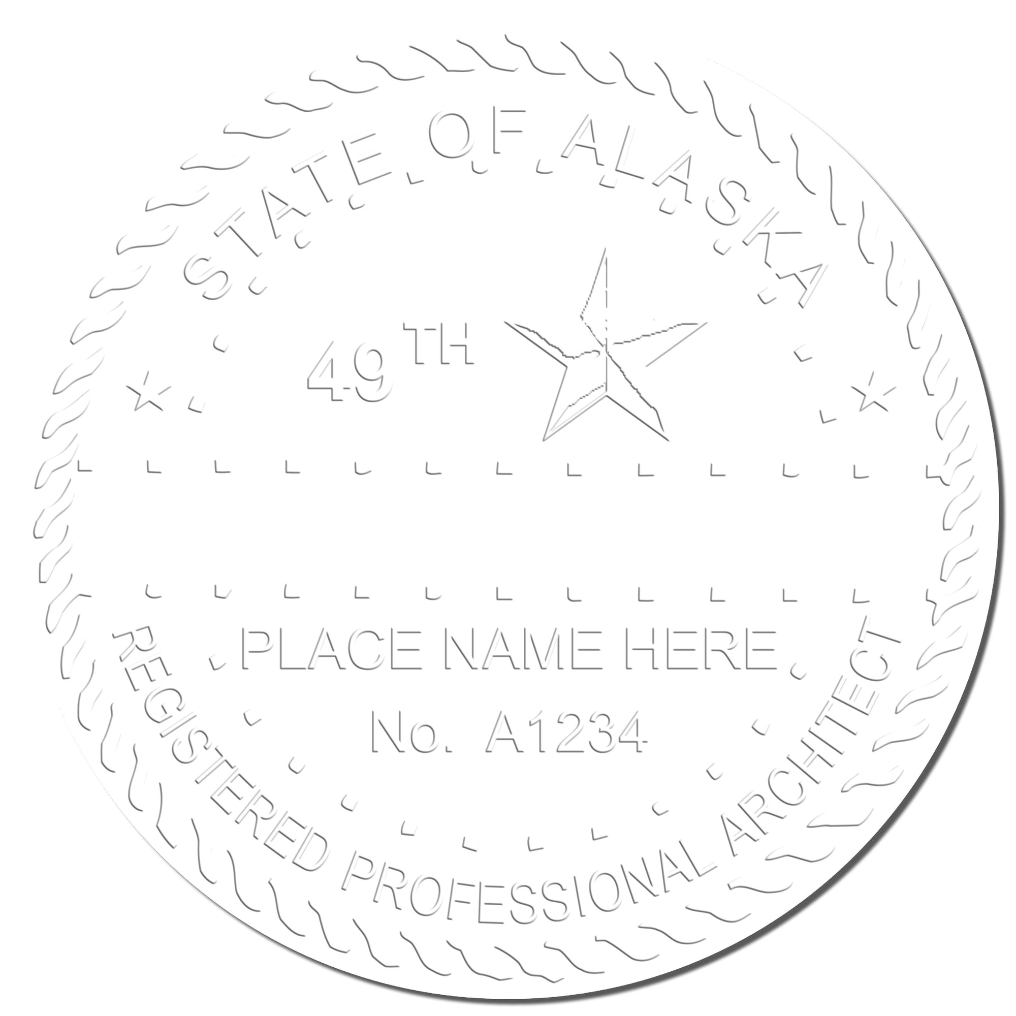 The main image for the State of Alaska Long Reach Architectural Embossing Seal depicting a sample of the imprint and electronic files