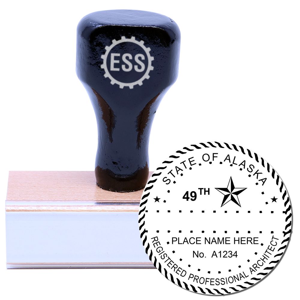 Alaska Architect Seal Stamp with a wooden handle and rubber base, featuring the official state seal for registered professional architects.