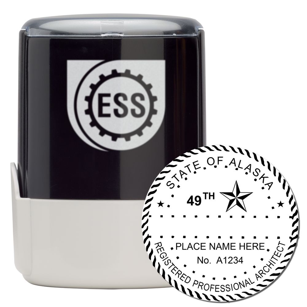 Self Inking Alaska Architect Stamp with a black and white design, featuring the state seal and space for name and registration number.