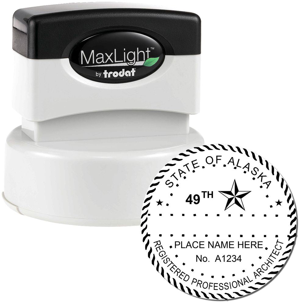 Premium MaxLight Pre-Inked Alaska Architectural Stamp, featuring a round design with customizable text for registered professional architects.