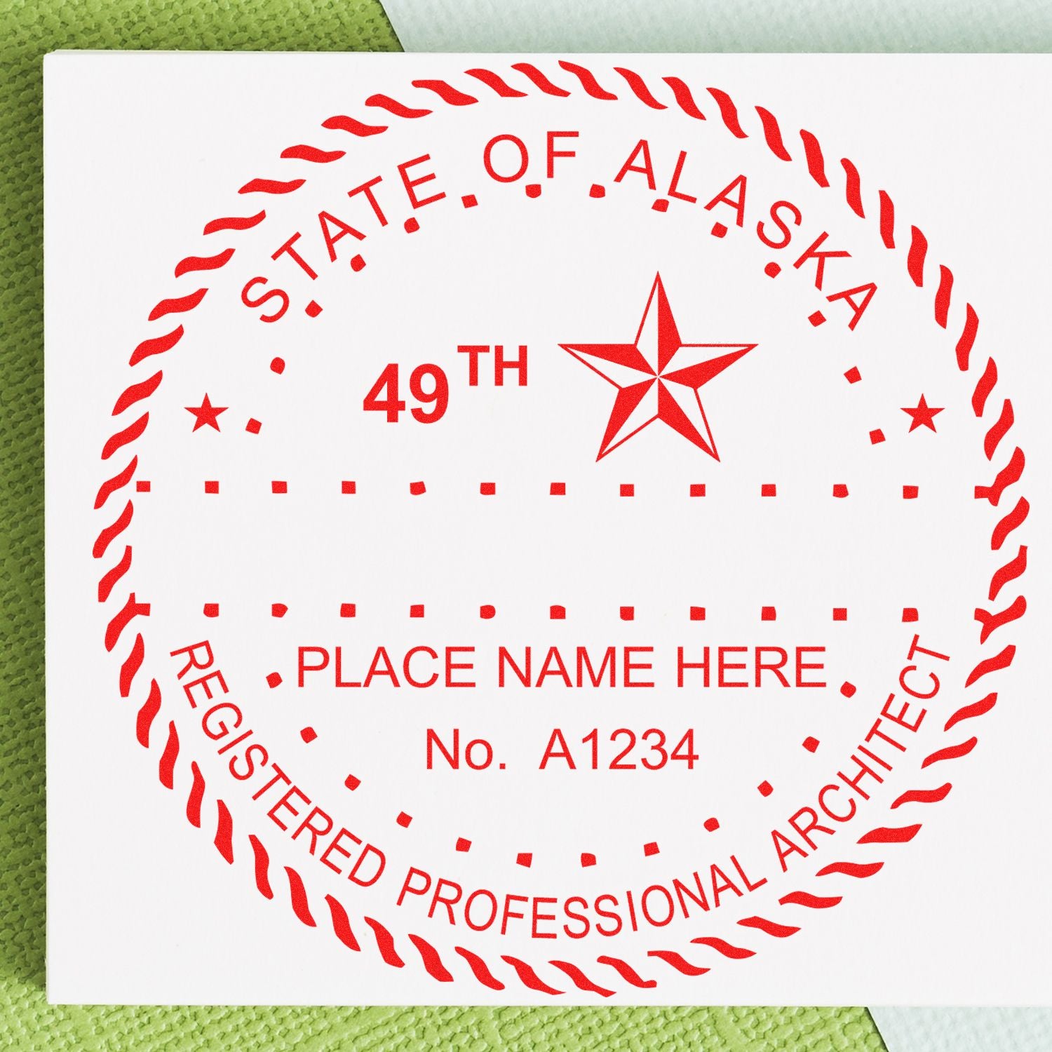 Digital Alaska Architect Stamp, Electronic Seal for Alaska Architect, red circular design with customizable name and number fields.