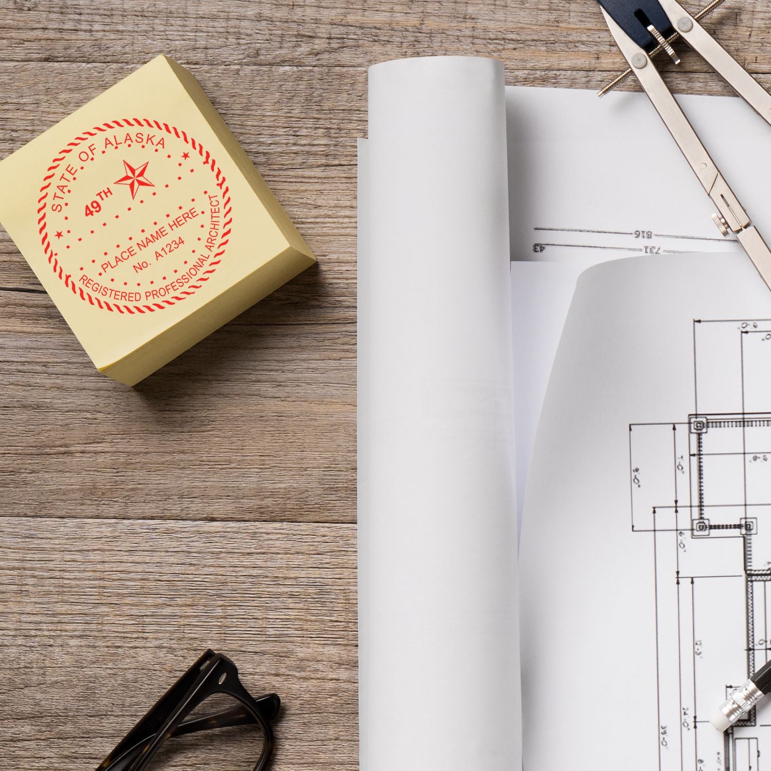 Self Inking Alaska Architect Stamp on a wooden desk with architectural plans, compass, and glasses.