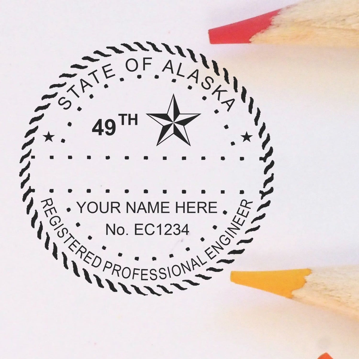 A lifestyle photo showing a stamped image of the Alaska Professional Engineer Seal Stamp on a piece of paper